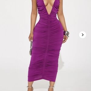 Plunge Ruched Midi Dress in Magenta